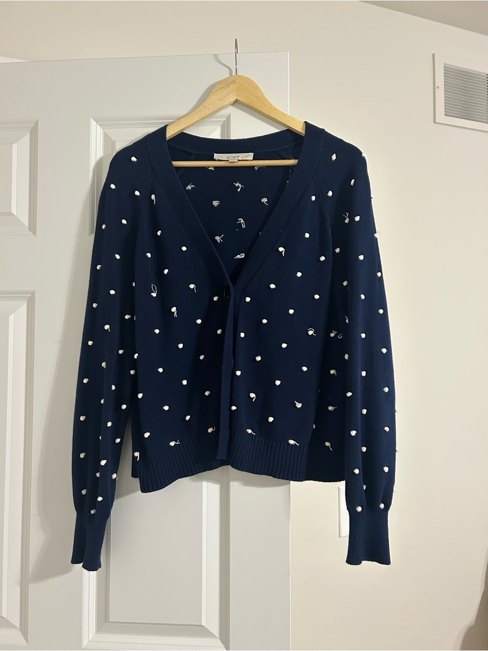 LOFT Navy Cardigan with White Dot Embellishments